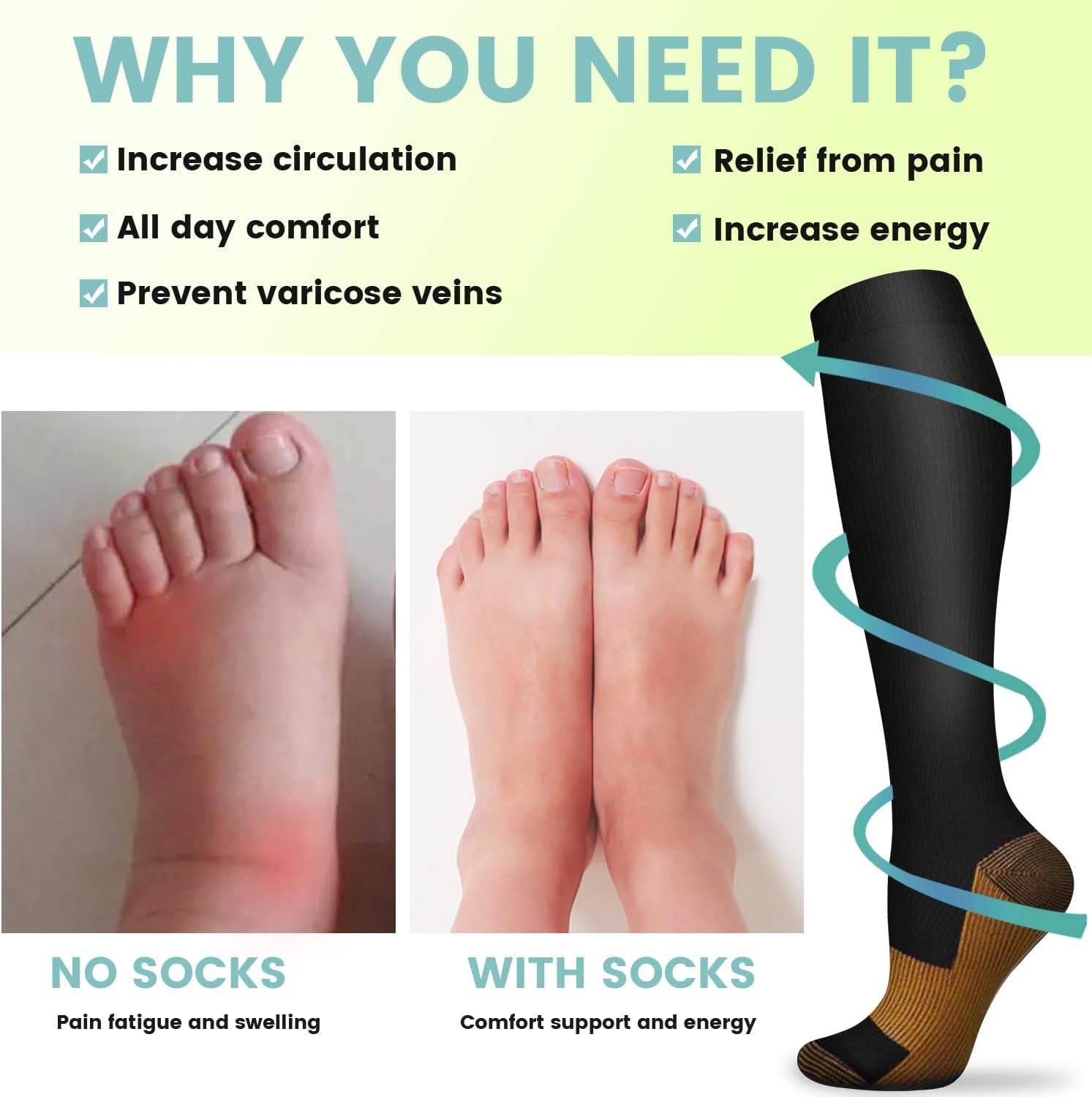 6 Pairs Solid Color Copper Com - огляд і ціна Compression Sock Medical