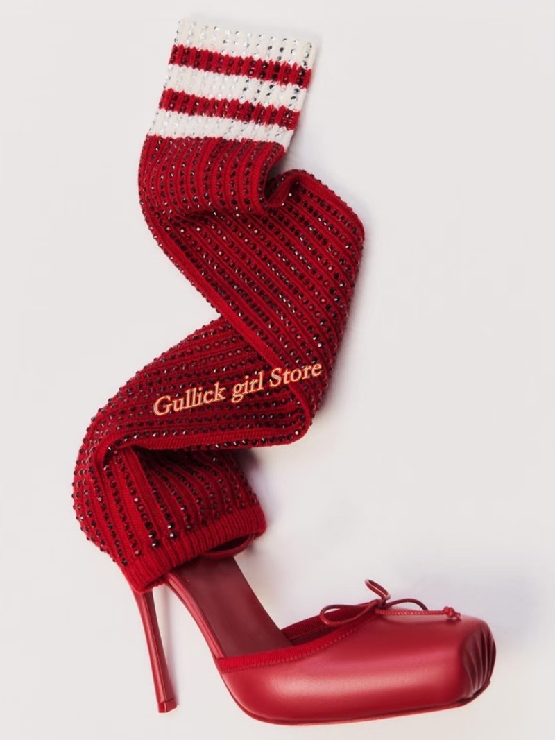 Red Knit Square Toe Boots Cut  - огляд і ціна Knee High Sock Women